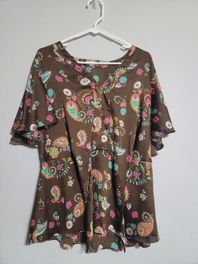 Cato Brown Paisley Flutter-Sleeve Tunic with Pink‎ & Teal Accents Sz Large